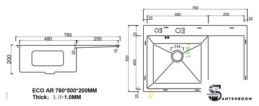 Кухонная мойка ARFEKA ECO AR 780*500 L BLACK PVD NANO - Изображение №3 — Интернет-магазин santehboom.by